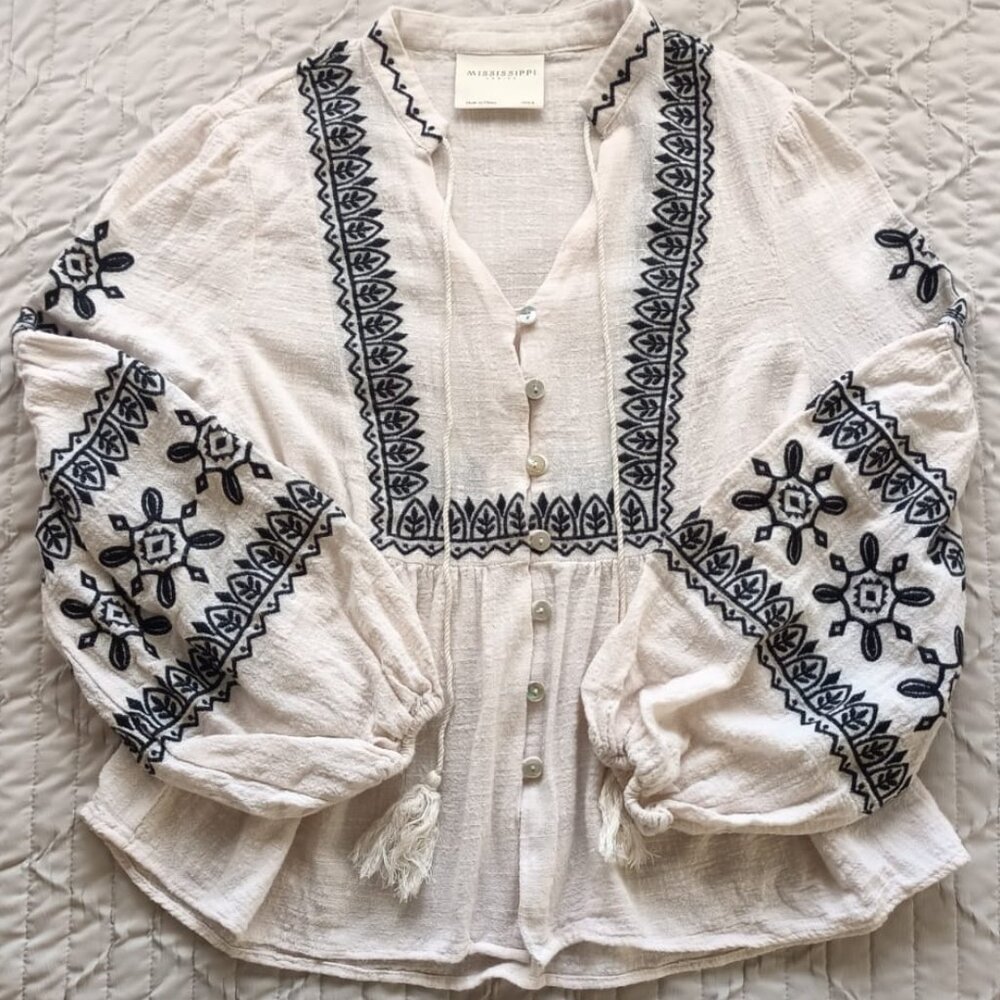 100% Cotton Peasant Blouse with Embroidery and Dramatic Bell Sleeves